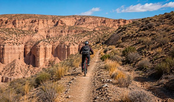 Cyclist on a one-day route through the Gorafe Desert